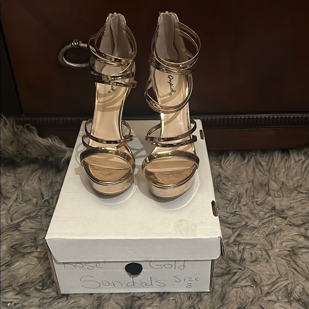 Qupid Gold Stiletto Heels with Cage Design